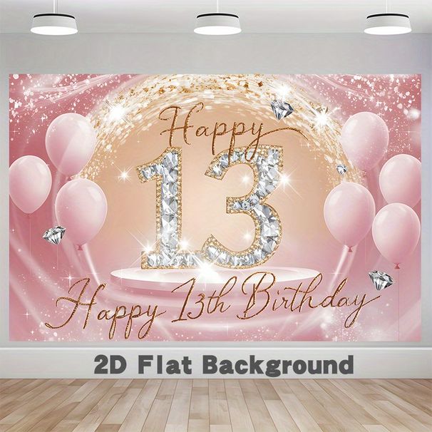 Glitter Pink 13th Birthday Party Banner - 2D Flat Polyester Backdrop With Diamond Design, Wall Hanging Photo Props, Party Decor_maomaolike.com