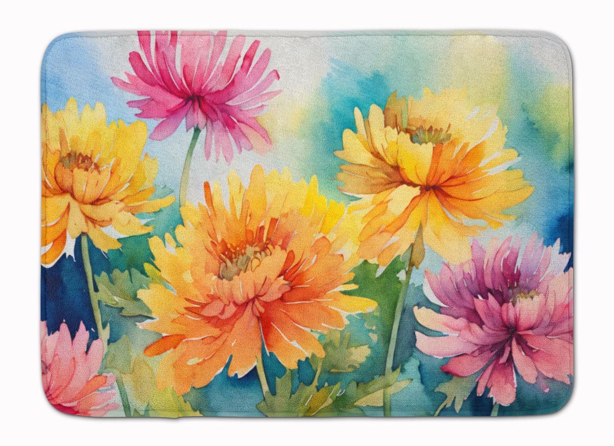 Chrysanthemums In Watercolor Memory Foam Kitchen Mat Machine Washable Anti-Fatigue Mat Cushion Comfort Bath Mat Or Kitchen Rug_maomaolike.com