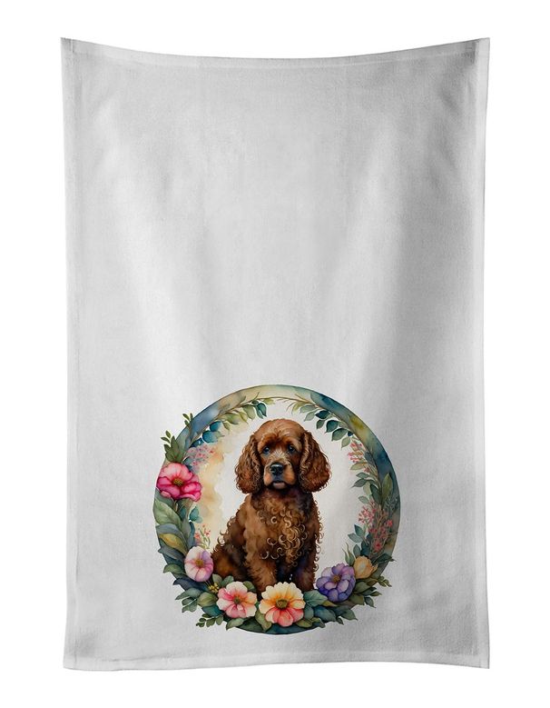 Irish Water Spaniel And Flowers Kitchen Towel Set Of 2 White Dish Towels Decorative Bathroom Hand Towel For Hand, Face, Hair, Yoga, Tea, Dishcloth, 19 X 28", White_maomaolike.com