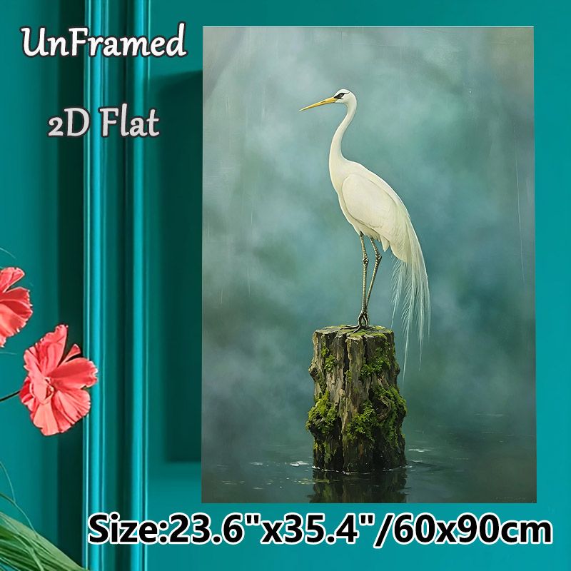 White Egret Painting Poster, Serene Realistic Art Poster, Elegant Egret Perched On Moss-covered Waterside Stump In Misty Aquatic Scene, Brings_maomaolike.com