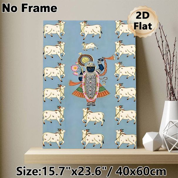 Shrinathji With Sacred Cows Painting Poster, Exquisite Traditional Indian Folk Art Poster, Cultural Decorative Piece Ideal For Home, Prayer Room_maomaolike.com