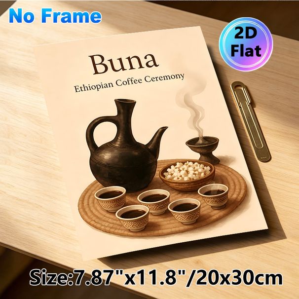 Ethiopian Buna Coffee Ceremony Painting Poster, Warm-toned Traditional Cultural Art Poster, Authentic Coffee Ritual Depiction Ideal For Coffee Shop_maomaolike.com