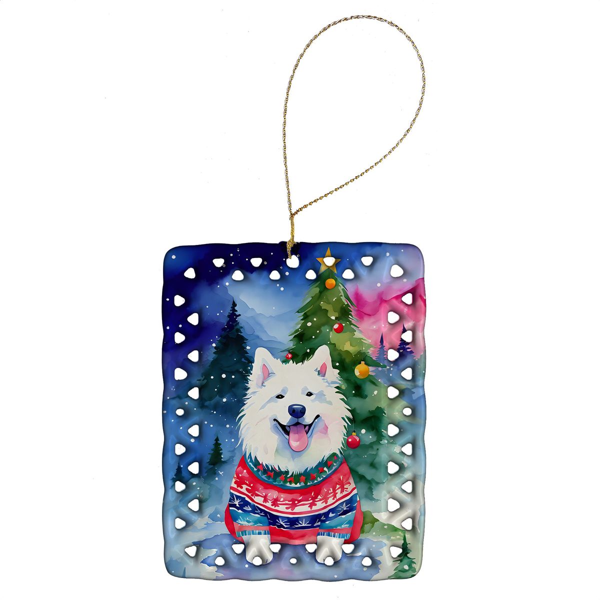 Samoyed Christmas Porcelain Ornament Christmas Tree Hanging Decorations For Home Christmas Holiday, Rectangle, Gift, Multicolor_maomaolike.com