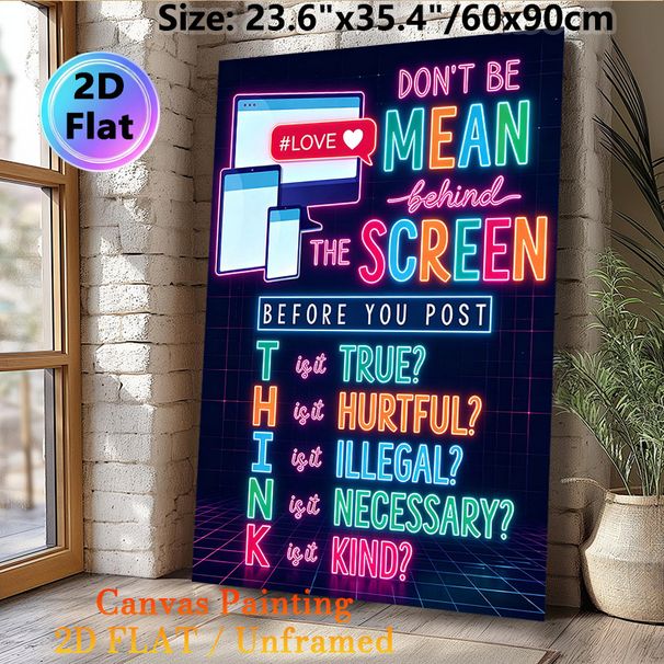 Digital Etiquette Painting Poster, Vibrant Neon-style Text & Device Graphic Poster, Encourages Respectful Online Posting, Ideal For Office, Study Area_maomaolike.com