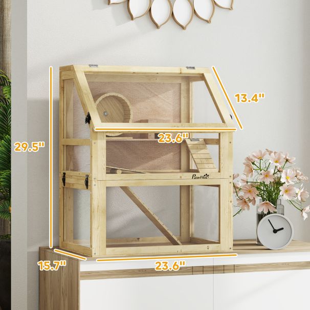 3 Tier Wooden Hamster Cage W/ Detachable Bottom, Hut, Seesaw, Exercise Wheel, Ramps, 24" X 16" X 29.5"_maomaolike.com
