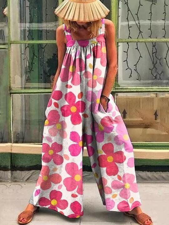 Women's 2023 Summer New Large Fashion Print Loose Strap Wide Leg Jumpsuit_maomaolike.com