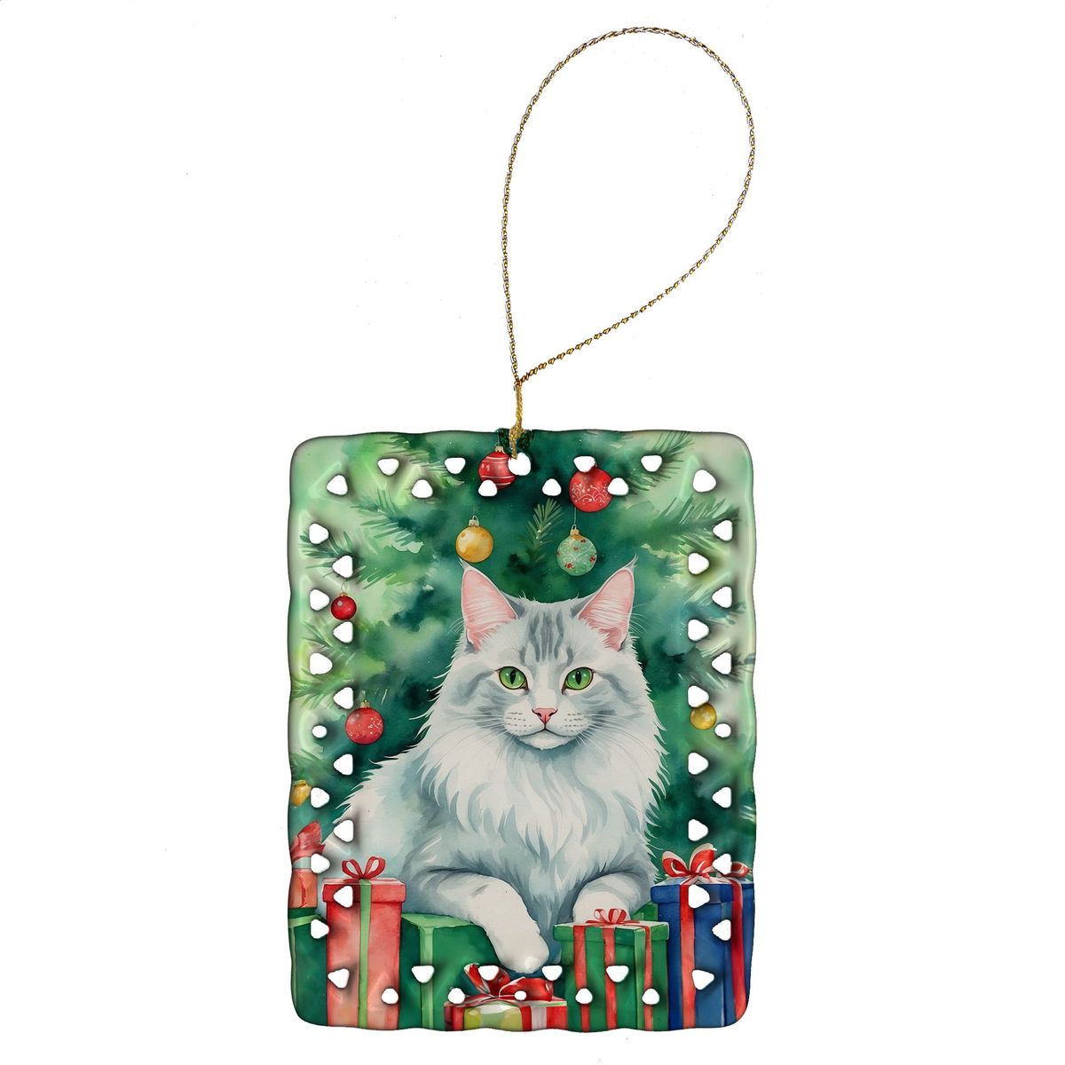 Turkish Angora Cat By The Christmas Tree Porcelain Ornament Christmas Tree Hanging Decorations For Home Christmas Holiday, Rectangle, Gift, Multicolor_maomaolike.com
