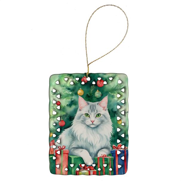 Turkish Angora Cat By The Christmas Tree Porcelain Ornament Christmas Tree Hanging Decorations For Home Christmas Holiday, Rectangle, Gift, Multicolor_maomaolike.com