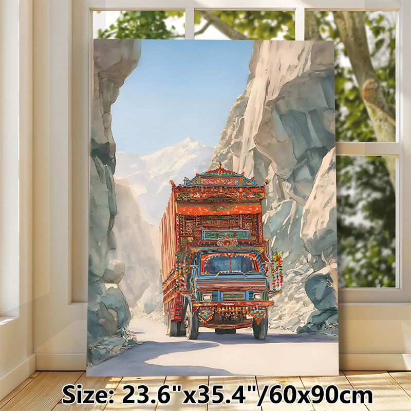 Decorated Truck Mountain Gorge Painting Poster, Vibrant Artistic Style Poster, Colorfully Adorned Truck Navigating Narrow Rocky Gorge With Snow-capped_maomaolike.com