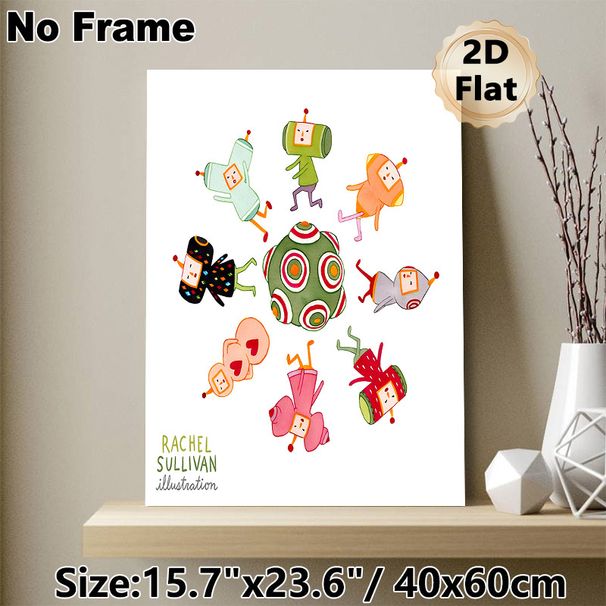 Whimsical Robot & Alien Character Painting Poster, Vibrant Watercolor Style Playful Quirky Figure Cluster Poster, Cheerful Decorative Accent For_maomaolike.com