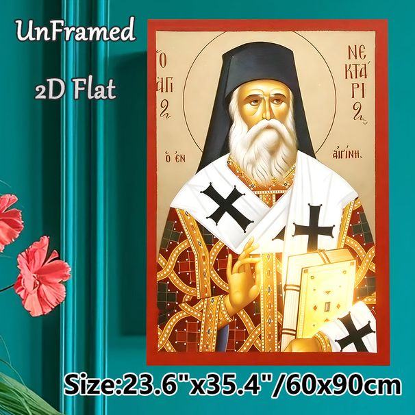 Orthodox Saint Nektarios Painting Poster, Traditional Orthodox-style Detailed Religious Figure With Halo, Ornate Robes And Sacred Book Poster, Classic_maomaolike.com