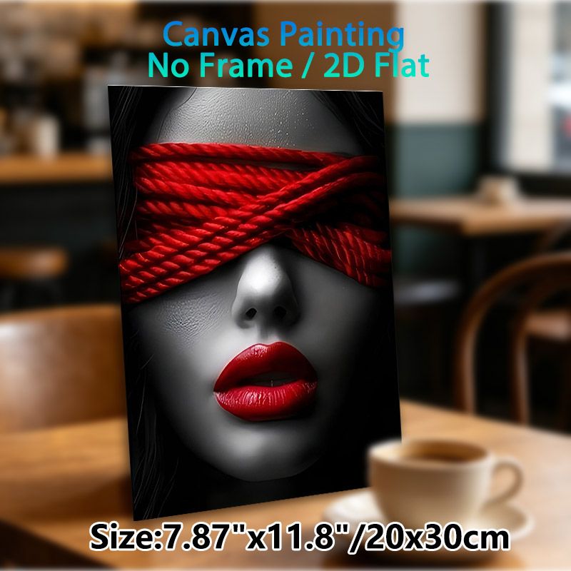 Red Accented Blindfolded Portrait Painting Poster, Monochrome With Bold Red Accents Artistic Poster, Striking Visual Contrast Ideal For Living Room_maomaolike.com