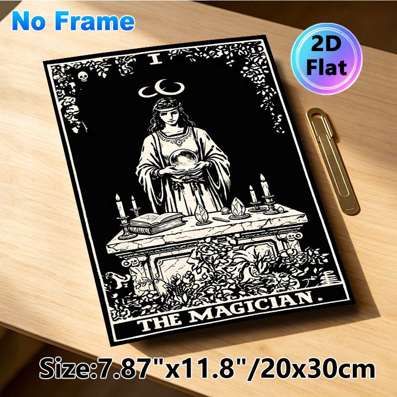 The Magician Tarot Painting Poster, Monochrome Gothic Style Poster, Mysterious Occult-inspired Design With Crystal Ball, Candles And Spellbook_maomaolike.com