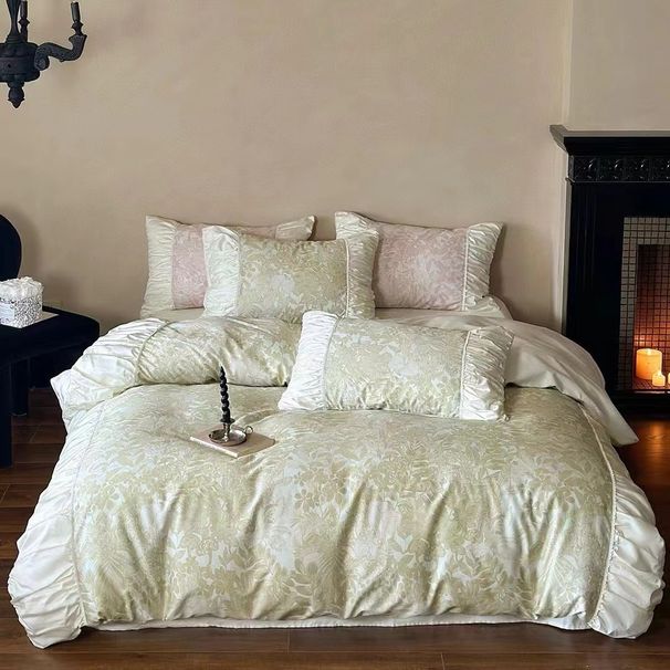 Elegant、Understated Luxury 、 Mint Girl! 100-count Tencel Four-piece Set, Pleated Long-staple Cotton, All-cotton Printed_maomaolike.com