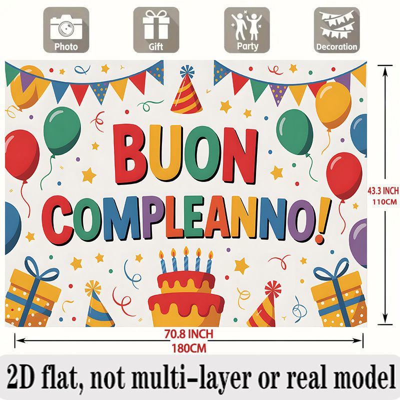 Italian Happy Birthday Banner - 2D Flat Polyester Backdrop, Wall Hanging Photo Props, Party Decor_maomaolike.com