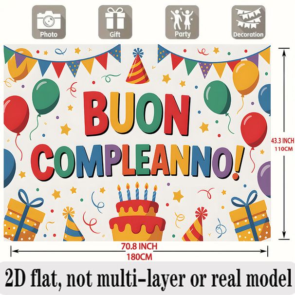 Italian Happy Birthday Banner - 2D Flat Polyester Backdrop, Wall Hanging Photo Props, Party Decor_maomaolike.com