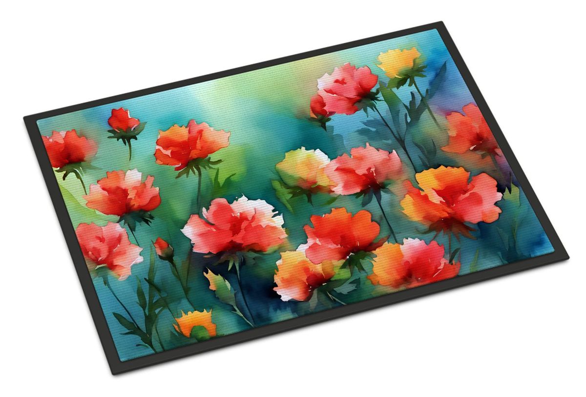 Ohio Scarlet Carnations In Watercolor Doormat Front Door Mat Indoor Outdoor Rugs For Entryway, Non Slip Washable Low Pile, 24H X 36W_maomaolike.com