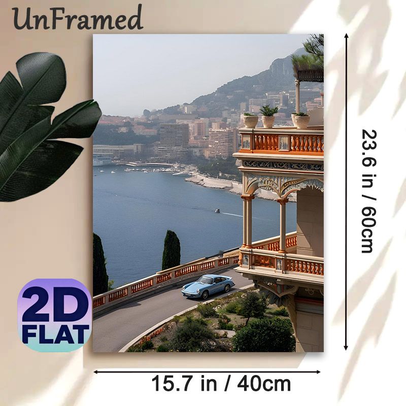 Coastal City & Vintage Car Painting Poster, Serene Scenic Bay & Ornate Architecture Poster, Elegant Coastal Urban Landscape Adds Tranquil Vibe, Ideal_maomaolike.com