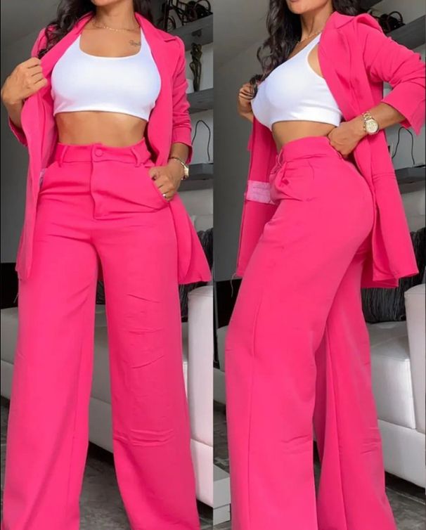 Women's Clothing Elegant Solid Color Split Sleeve Lapel Suit Pocket Straight Pants Suit_maomaolike.com