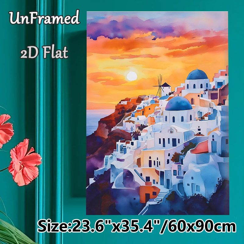 Santorini Sunset Themed Painting Poster, Soft Watercolor Coastal Cliff Town Scene Poster, Warm-toned Scenic Artwork To Create Cozy Atmosphere For_maomaolike.com