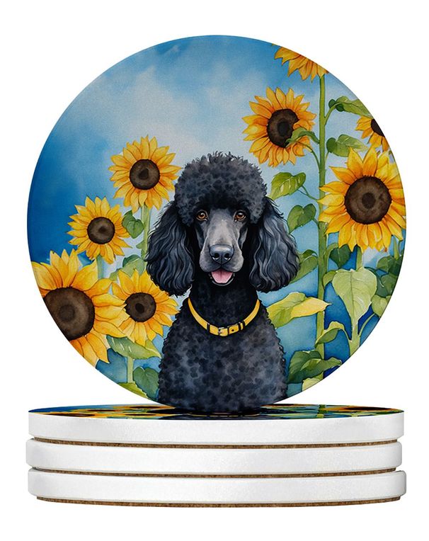 Black Poodle In Sunflowers Large Sandstone Coasters Pack Of 4 Absorbent Round Coasters Decor Gifts For Men Or Women, 4 In, Multicolor_maomaolike.com