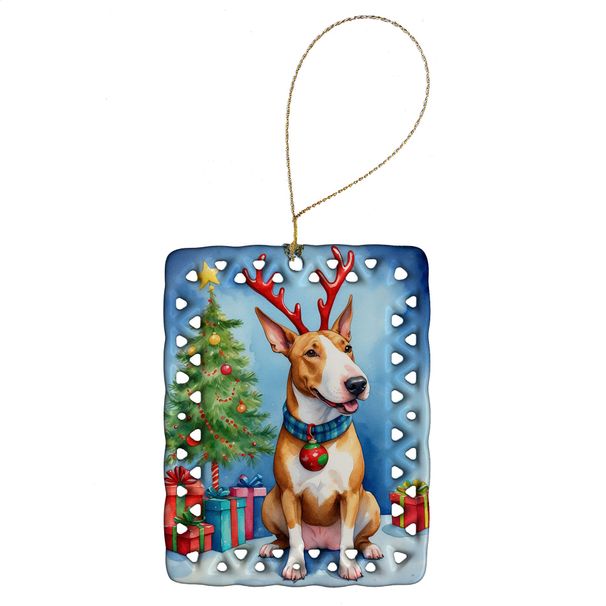 Bull Terrier Christmas Reindeer Porcelain Ornament Christmas Tree Hanging Decorations For Home Christmas Holiday, Rectangle, Gift, Multicolor_maomaolike.com