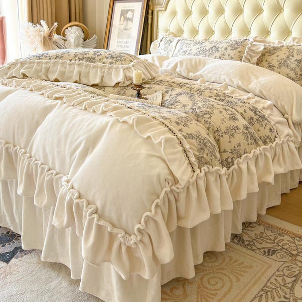 Nordic French Boho French-style Vintage Winter Thickened Milk Four-piece Set, Princess-style Double-sided Plush Lace_maomaolike.com