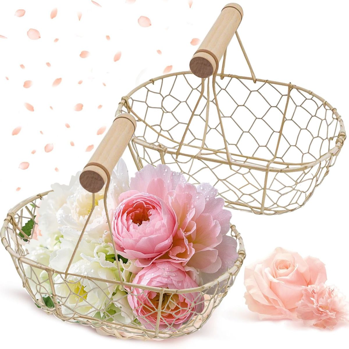 2pcs Flower Wedding Basket Rustic With Wood Handle Small Flower Basket Country Metal Wedding Basket Wire Vintage Petal Basket 7x4.7 Inch Basket For Vintage Rustic Wedding Home Decoration Picnic_maomaolike.com