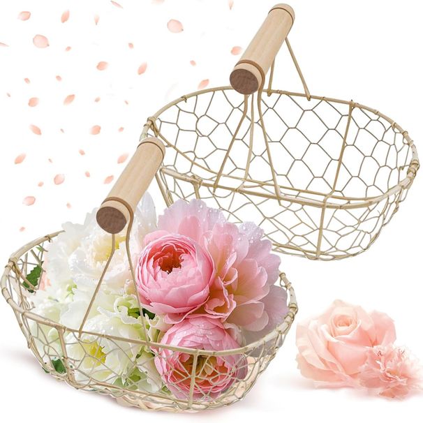 2pcs Flower Wedding Basket Rustic With Wood Handle Small Flower Basket Country Metal Wedding Basket Wire Vintage Petal Basket 7x4.7 Inch Basket For Vintage Rustic Wedding Home Decoration Picnic_maomaolike.com