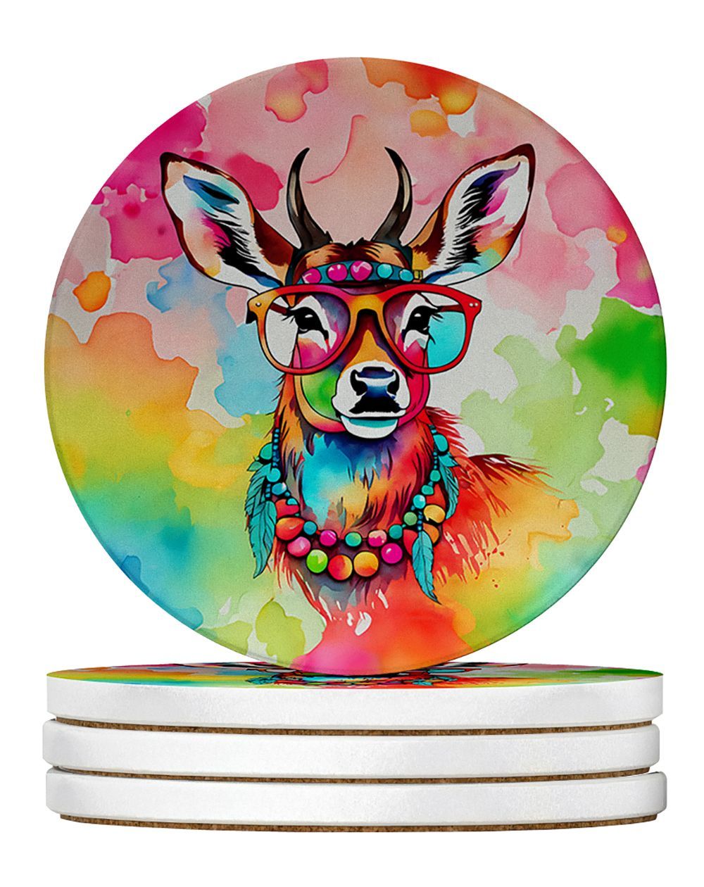 Hippie Animal Deer Large Sandstone Coasters Pack Of 4 Absorbent Round Coasters Decor Gifts For Men Or Women, 4 In, Multicolor_maomaolike.com