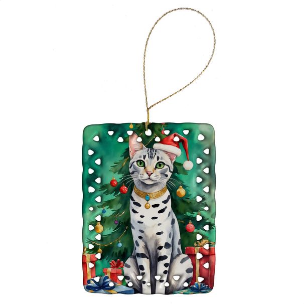 Egyptian Mau Cat By The Christmas Tree Porcelain Ornament Christmas Tree Hanging Decorations For Home Christmas Holiday, Rectangle, Gift, Multicolor_maomaolike.com