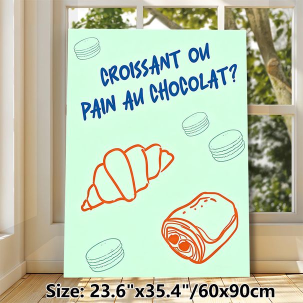 French Pastry Themed Painting Poster, Minimalist Hand-drawn Cute Pastry Poster, Playful Design Featuring Croissant, Chocolate Bread And Macarons_maomaolike.com