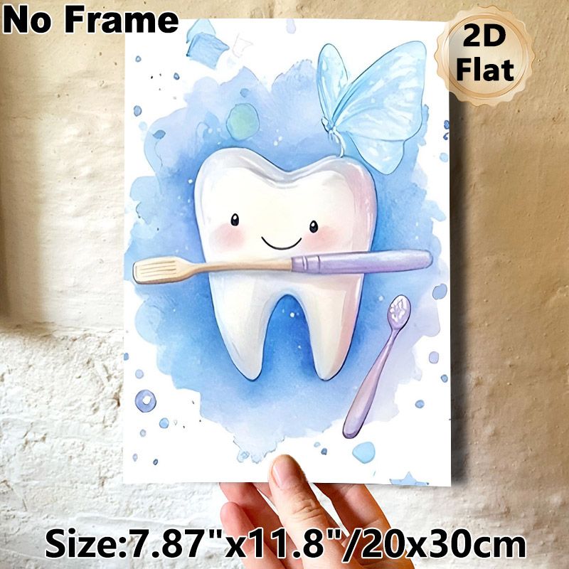 Tooth Fairy Themed Painting Poster, Gentle Watercolor Cute Smiling Tooth With Toothbrush & Butterfly Poster, Cheerful Dental Decor Ideal For Dental_maomaolike.com