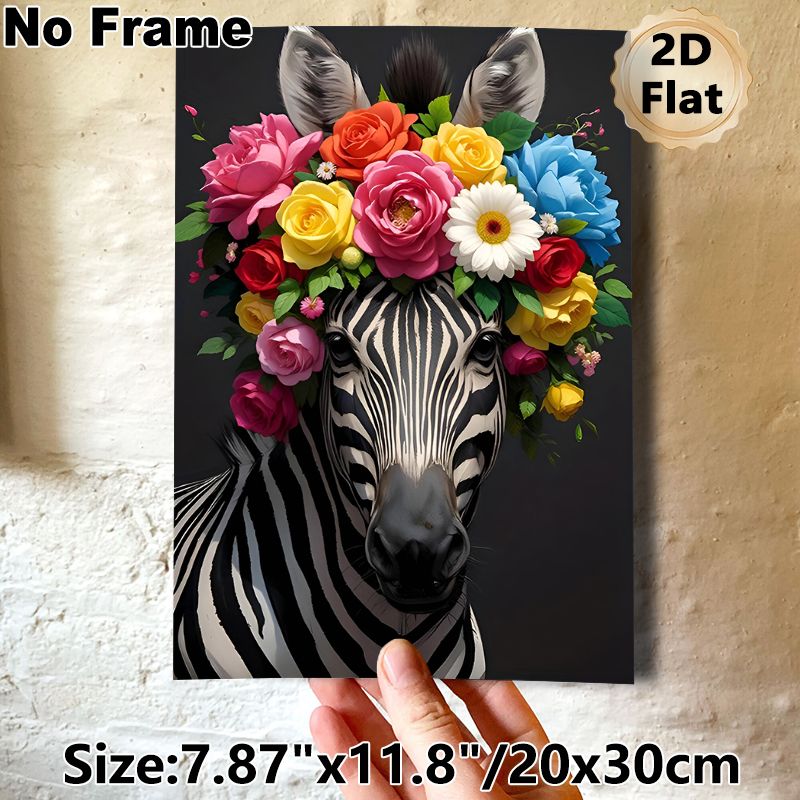 Floral Zebra Painting Poster, Vibrant Realistic Zebra With Colorful Flower Crown Poster, Eye-catching Decorative Artwork Ideal For Living Room_maomaolike.com