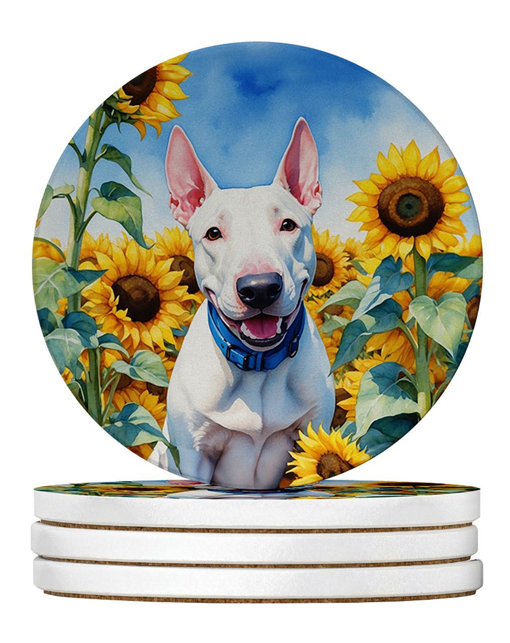 English Bull Terrier In Sunflowers Large Sandstone Coasters Pack Of 4 Absorbent Round Coasters Decor Gifts For Men Or Women, 4 In, Multicolor_maomaolike.com