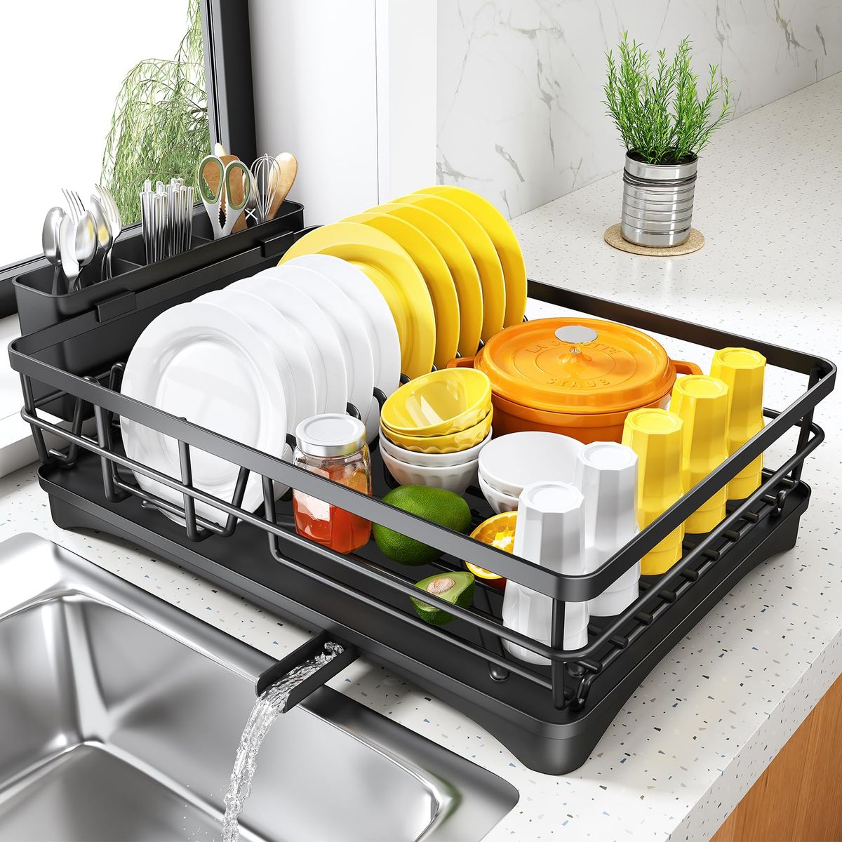 SNTD Dish Drying Rack For Kitchen Counter, 11.8" W X 16.7" L, Black_maomaolike.com