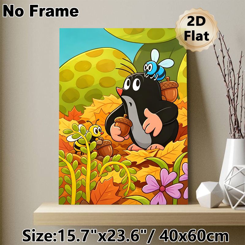Autumn Forest Mole & Bees Painting Poster, Vibrant Cartoon-style Poster, Cute Woodland Creatures Gathering Acorns In Warm Autumn Foliage, Cheerful_maomaolike.com