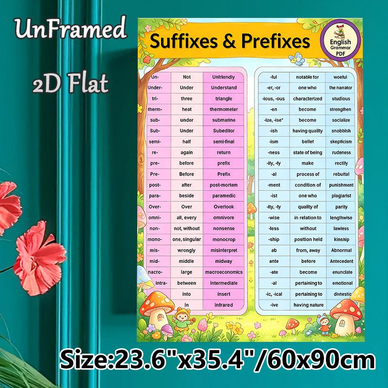 Suffixes & Prefixes English Grammar Educational Painting Poster, Vibrant Cartoon-style Grammar Guide Poster, Practical Grammar Learning Reference For_maomaolike.com