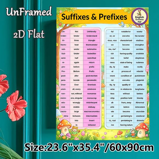 Suffixes & Prefixes English Grammar Educational Painting Poster, Vibrant Cartoon-style Grammar Guide Poster, Practical Grammar Learning Reference For_maomaolike.com