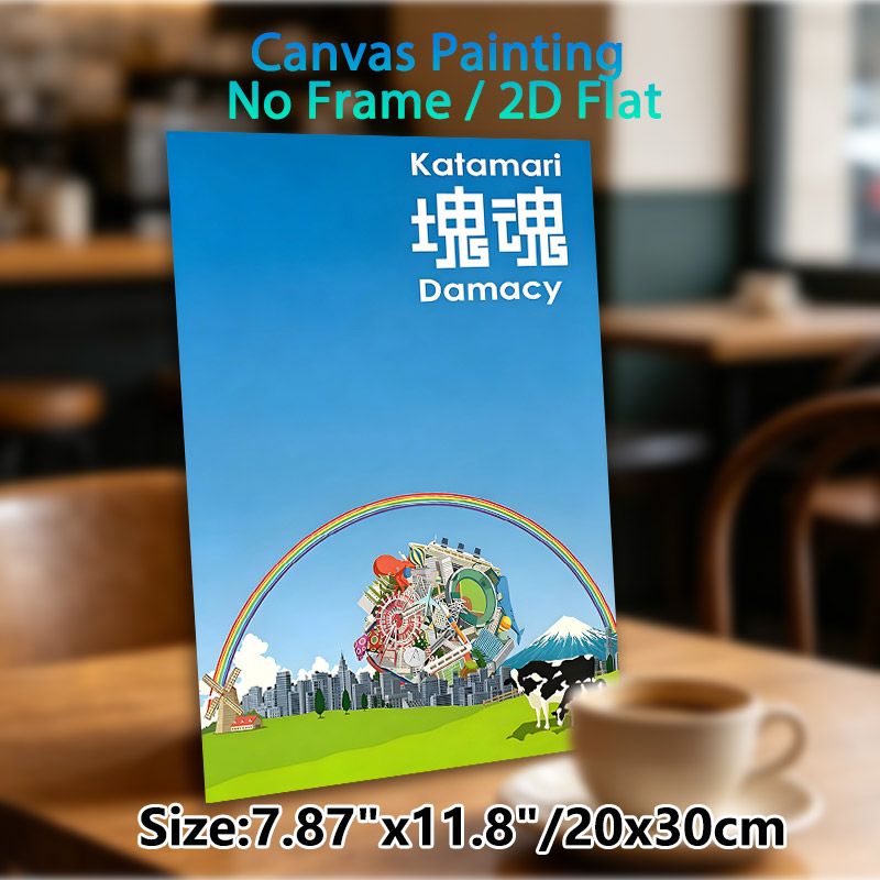 Katamari Damacy Themed Painting Poster, Vibrant Cartoon Style Poster, Whimsical Collage Of Urban Structures, Mountain, Rainbow & Fun Elements_maomaolike.com