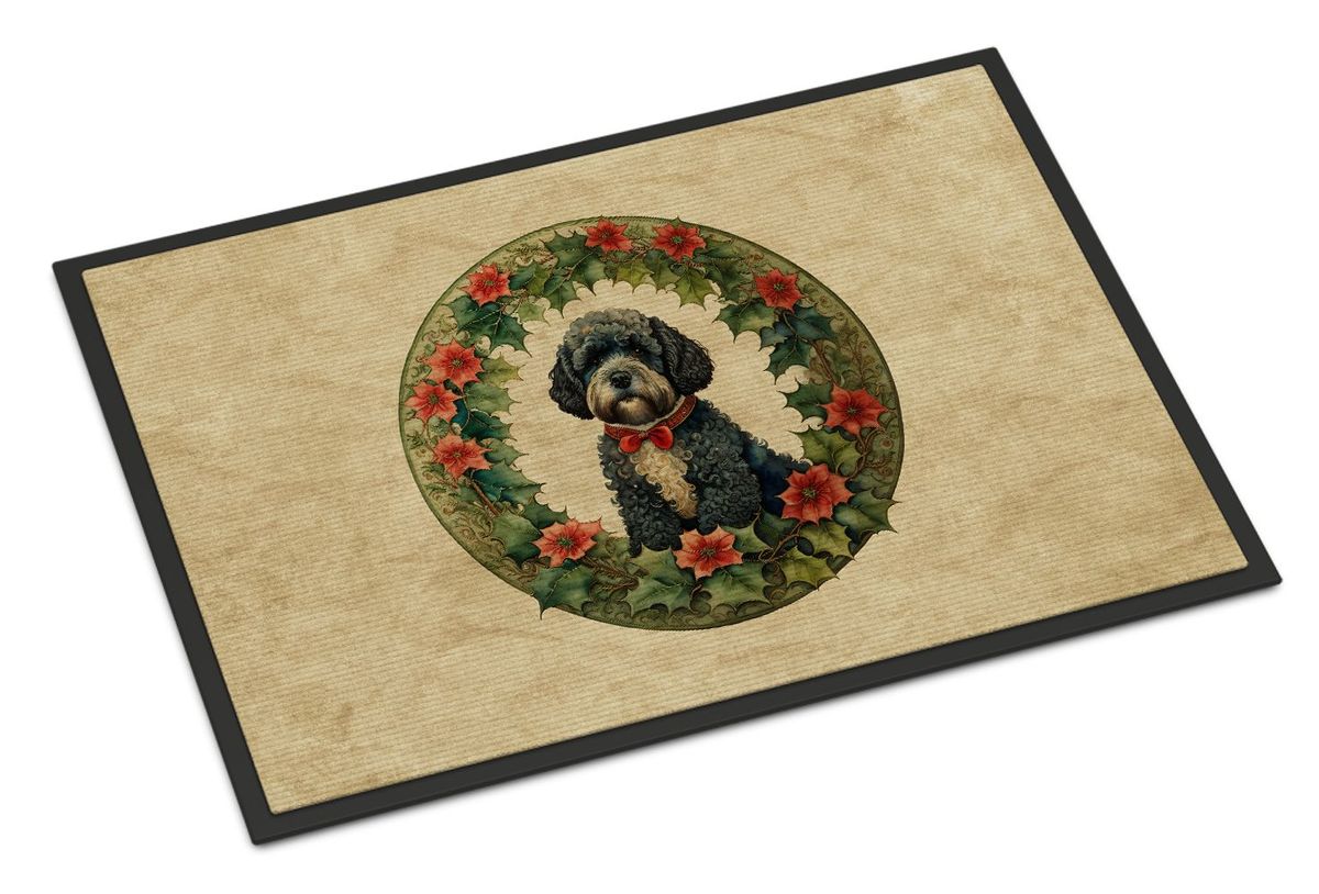 Portuguese Water Dog Christmas Flowers Doormat Front Door Mat Indoor Outdoor Rugs For Entryway, Non Slip Washable Low Pile, 24H X 36W_maomaolike.com