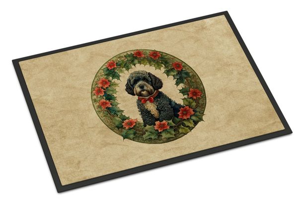 Portuguese Water Dog Christmas Flowers Doormat Front Door Mat Indoor Outdoor Rugs For Entryway, Non Slip Washable Low Pile, 24H X 36W_maomaolike.com