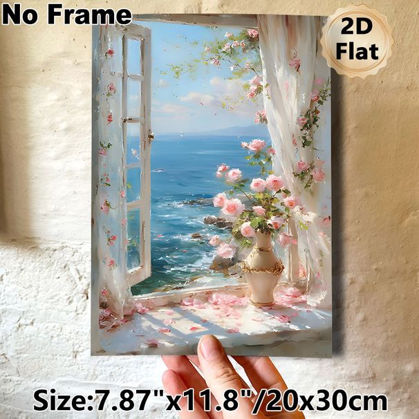 Coastal Window With Roses Painting Poster, Dreamy Impressionist-style Poster, Tranquil Ocean View With Pink Floral Design, Ideal For Bedroom And_maomaolike.com