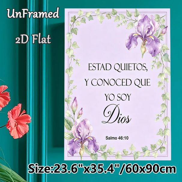 Spanish Psalm 46:10 Themed Painting Poster, Soft Watercolor Purple Iris & Greenery Poster, Serene Inspirational Verse Decor Ideal For Home, Prayer_maomaolike.com