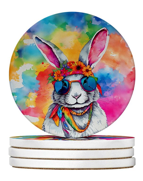 Hippie Animal Rabbit Large Sandstone Coasters Pack Of 4 Absorbent Round Coasters Decor Gifts For Men Or Women, 4 In, Multicolor_maomaolike.com