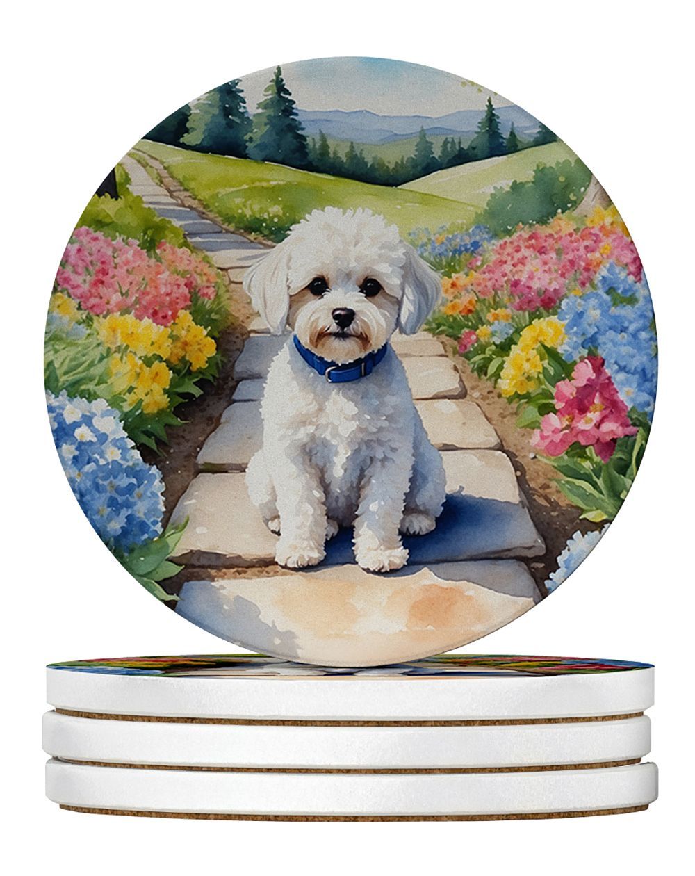 Maltipoo Spring Path Large Sandstone Coasters Pack Of 4 Absorbent Round Coasters Decor Gifts For Men Or Women, 4 In, Multicolor_maomaolike.com