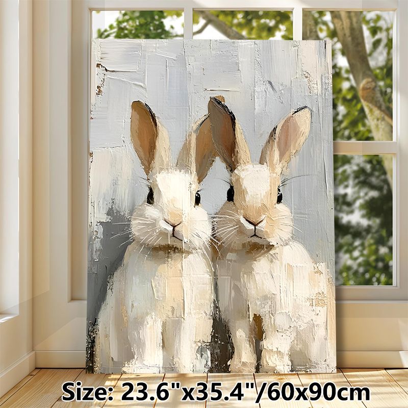 Two Rabbits Painting Poster, Textured Impasto-style Paired Rabbits Poster, Soft-toned Animal Artwork Adds Warm Rustic Touch, Ideal For Living Room_maomaolike.com