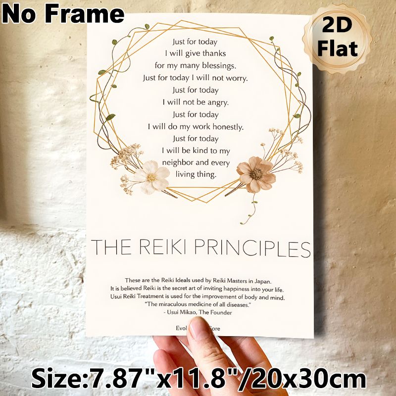 Reiki Principles Painting Poster, Soft Floral Geometric Framed Typography Poster, Mindful Calming Inspirational Art, Ideal For Meditation Room_maomaolike.com