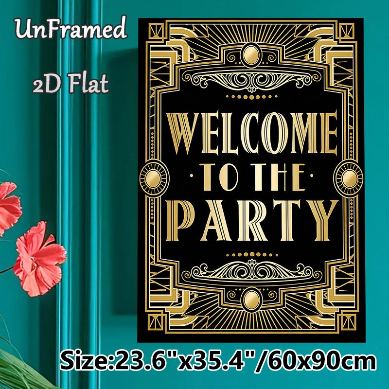 Art Deco Welcome Party Painting Poster, Luxury Gold & Black Vintage Ornate Style Poster, Elegant Party Greeting Decor Ideal For Party Venues And_maomaolike.com