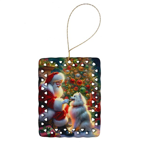 American Eskimo And Santa Claus Porcelain Ornament Christmas Tree Hanging Decorations For Home Christmas Holiday, Rectangle, Gift, Multicolor_maomaolike.com